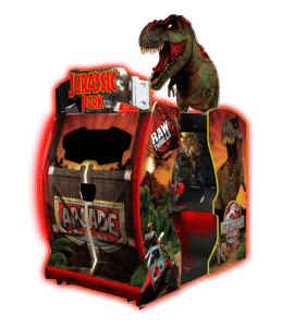 "Plongez vos visiteurs au cœur de l'action grâce aux détails saisissants et à l'écran géant de la borne Jurassic Park Arcade Raw Thrills."