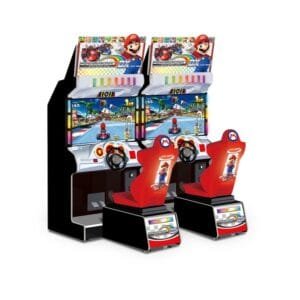 Gros plan sur le poste de pilotage et l'écran haute définition de la borne Mario Kart Arcade GP DX.