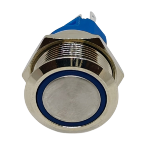 « Gros plan sur le bouton poussoir Start en métal avec son cerclage lumineux bleu caractéristique, pièce détachée compatible pour les jeux de force Boxer des marques Natpol et Progames. »