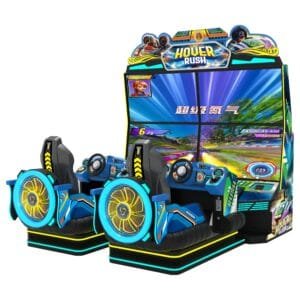 Vue de face de la borne d'arcade de course Hover Rush DX avec ses deux sièges baquets, ses turbines lumineuses à l'arrière et son grand écran 4K.