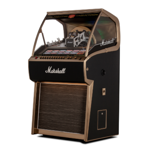 Le Jukebox Marshall Rocket 45 tours arbore fièrement les finitions iconiques de la marque, avec son boîtier en Tolex noir et ses ornements dorés distinctifs.