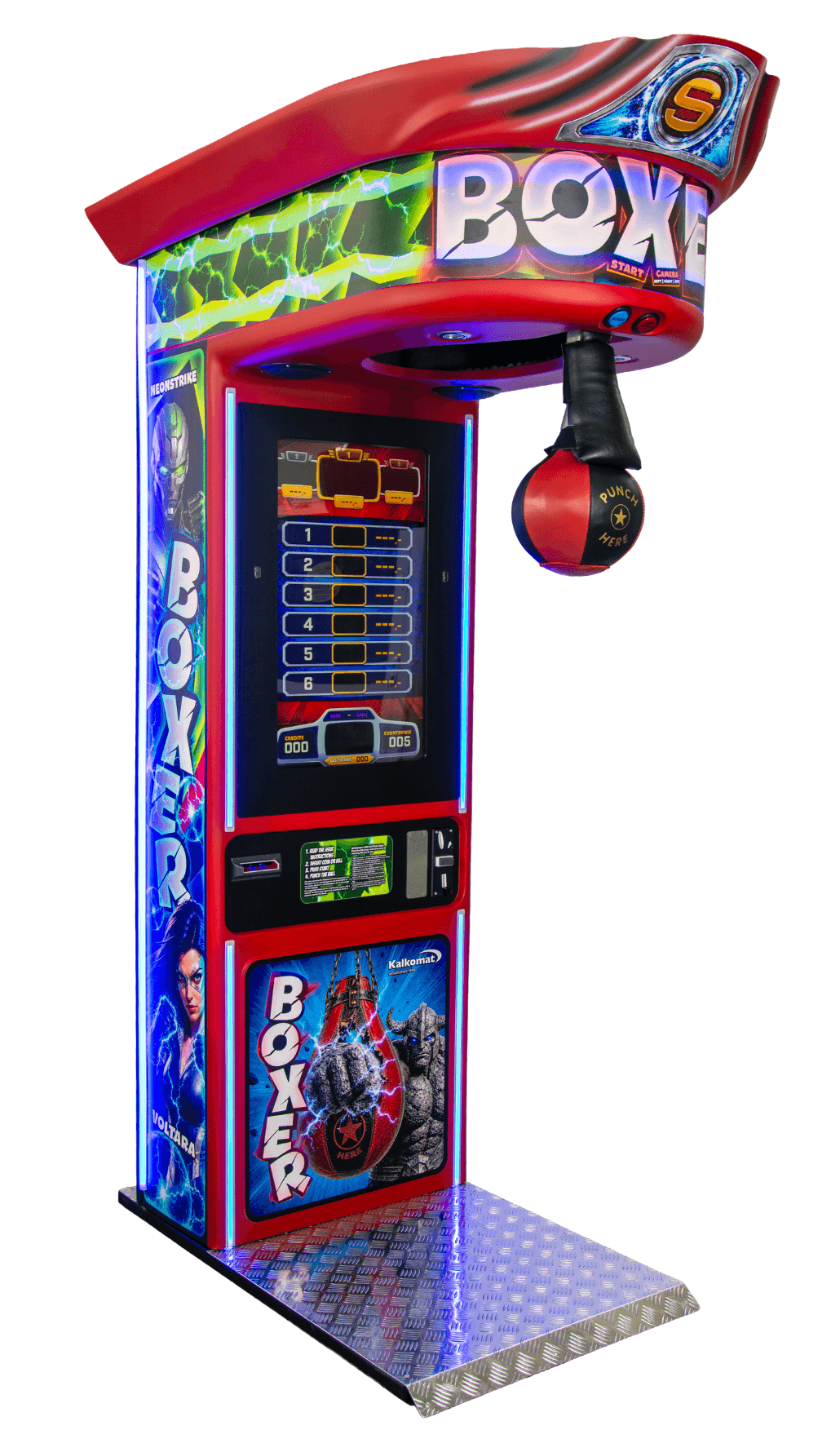 « Cette machine à coup de poing Boxer Super Hero Rouge Kalkomat associe un graphisme style comics percutant, une robustesse professionnelle et des modes de jeu multiples pour dynamiser toutes vos salles d'arcade. »