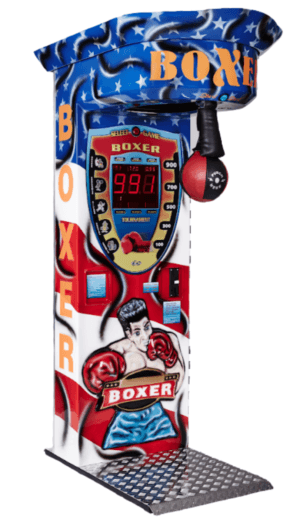 Cette machine à coup de poing Boxer 3D Kalkomat au design USA associe robustesse, graphismes dynamiques et modes de jeu multiples pour mesurer la force et dynamiser toutes les salles d'arcade.